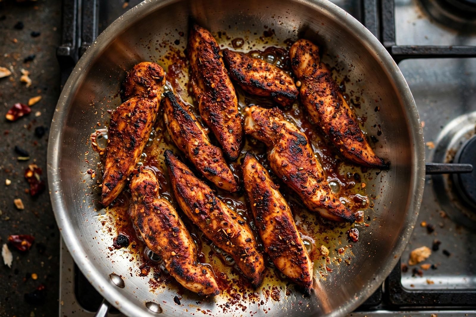 Spiced chicken strips searing with browned edges in a hot skillet.