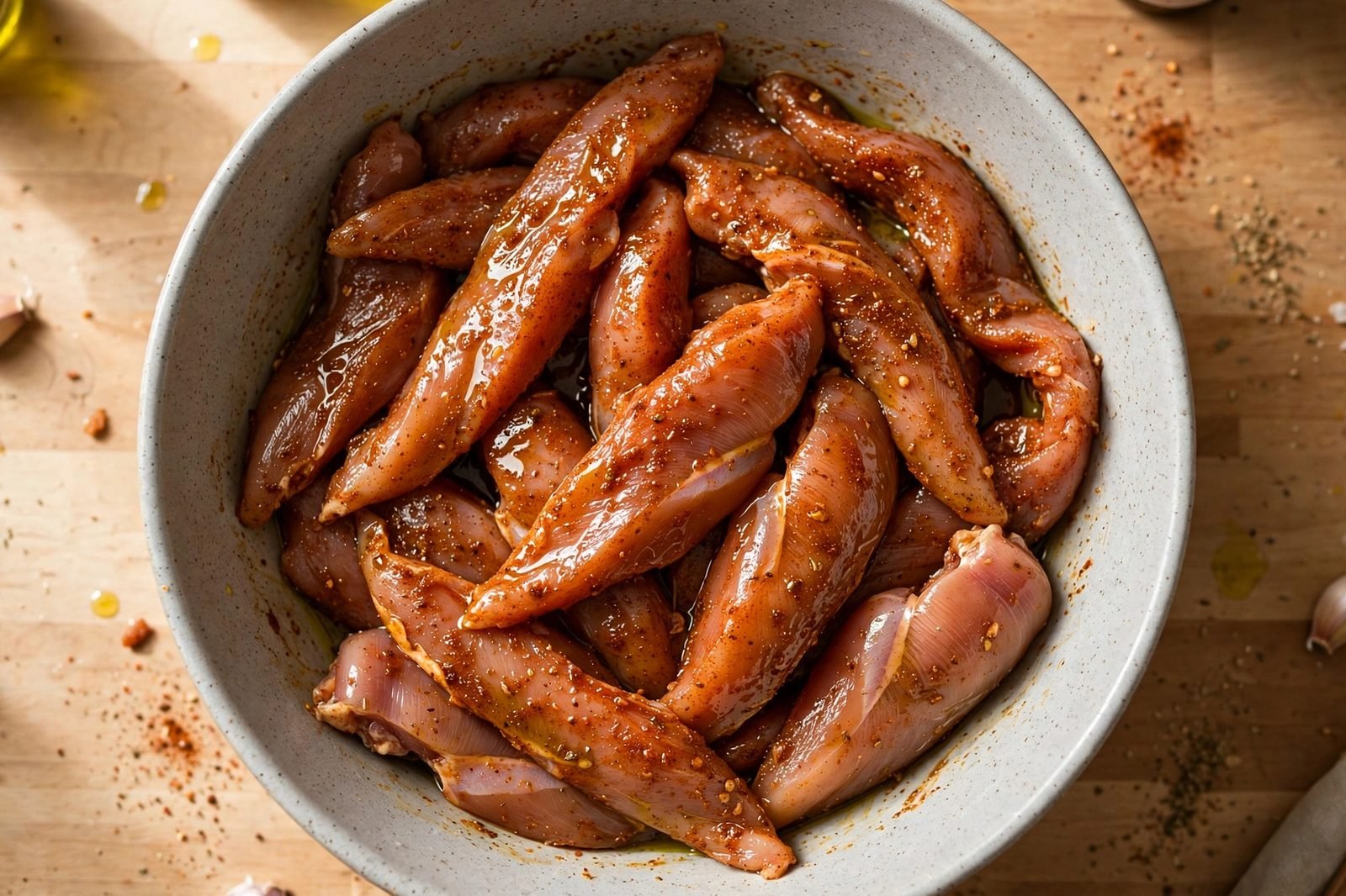Raw chicken strips tossed with shawarma spice blend in a bowl.