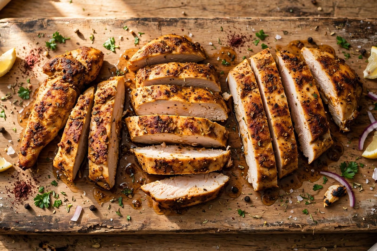 Rested seared chicken strips sliced on a cutting board showing a juicy interior.