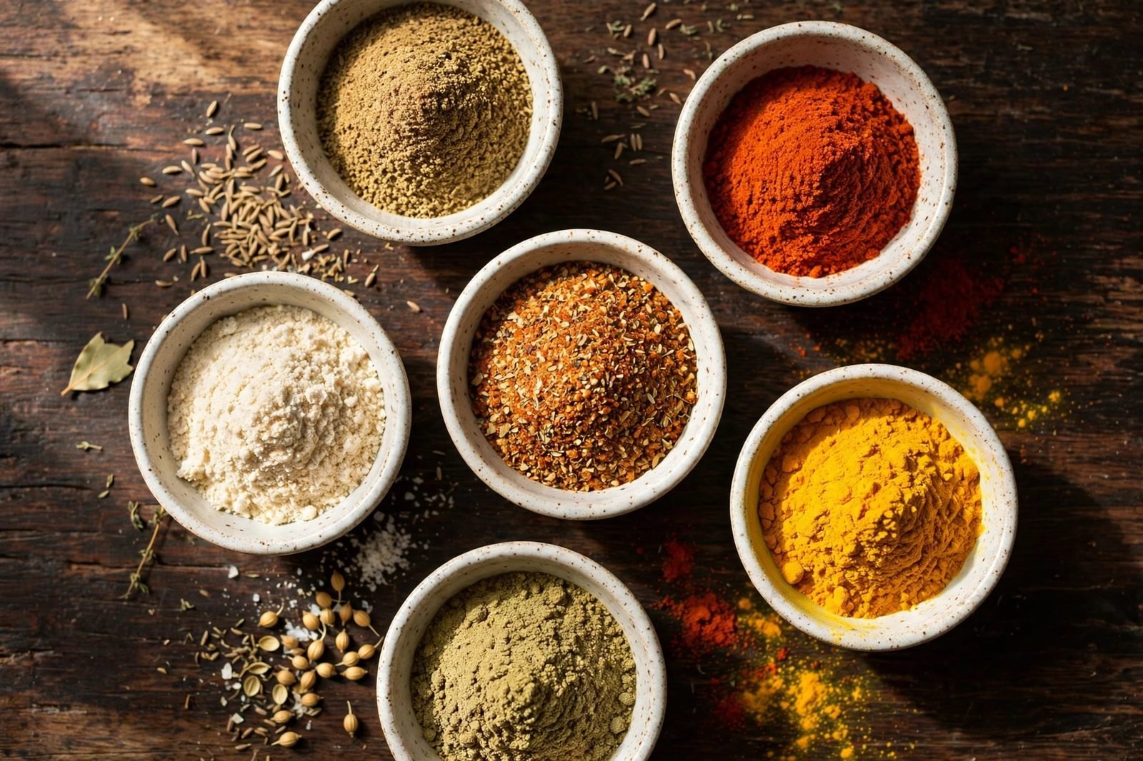 Small bowls of cumin, smoked paprika, turmeric, coriander, and the mixed shawarma spice blend.