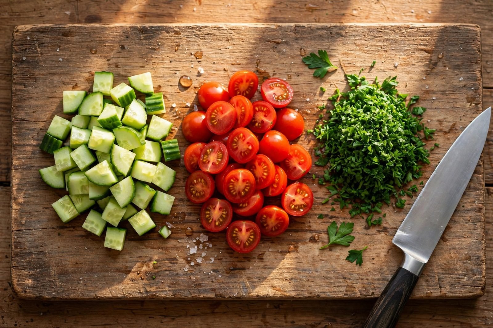 Diced cucumber, halved cherry tomatoes, and chopped parsley on a cutting board.