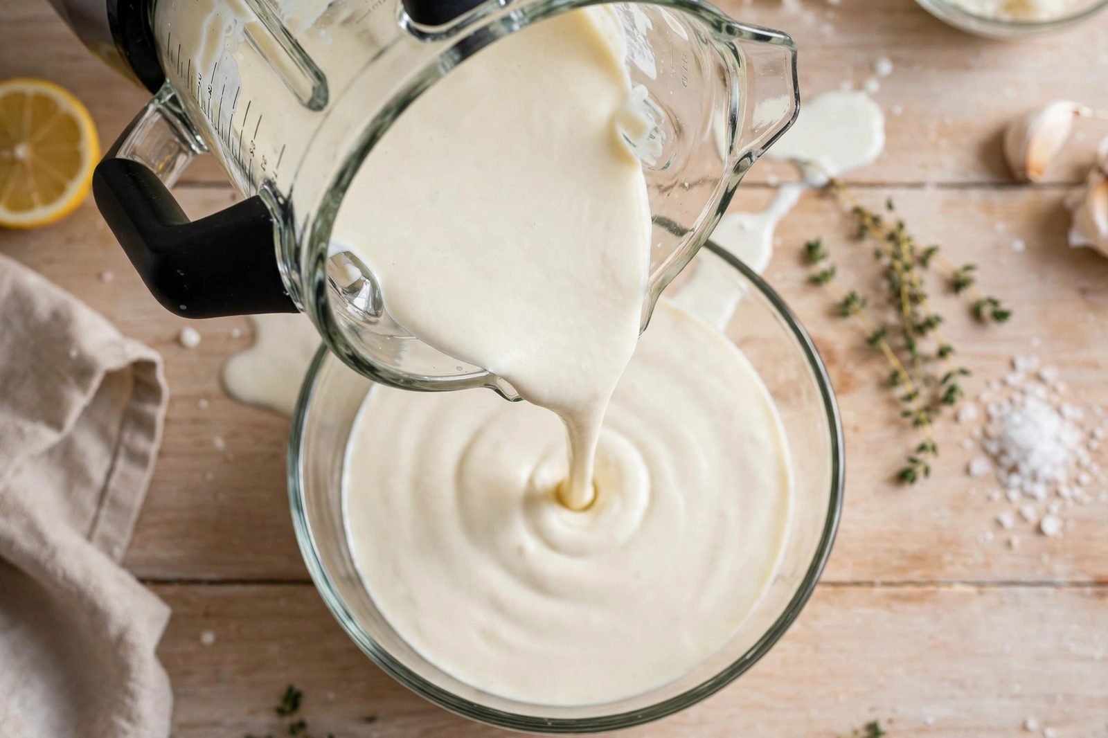 Silky smooth white alfredo sauce being poured from a blender.