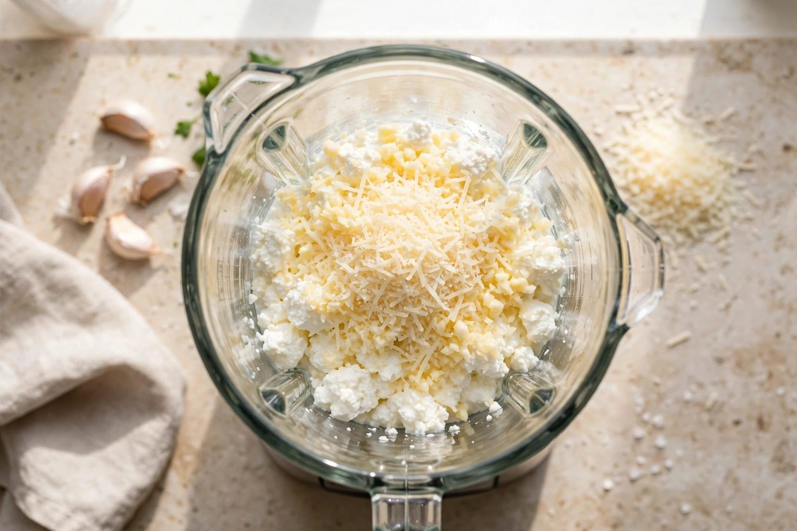 Cottage cheese, grated Parmesan, and minced garlic in a blender jar before blending.