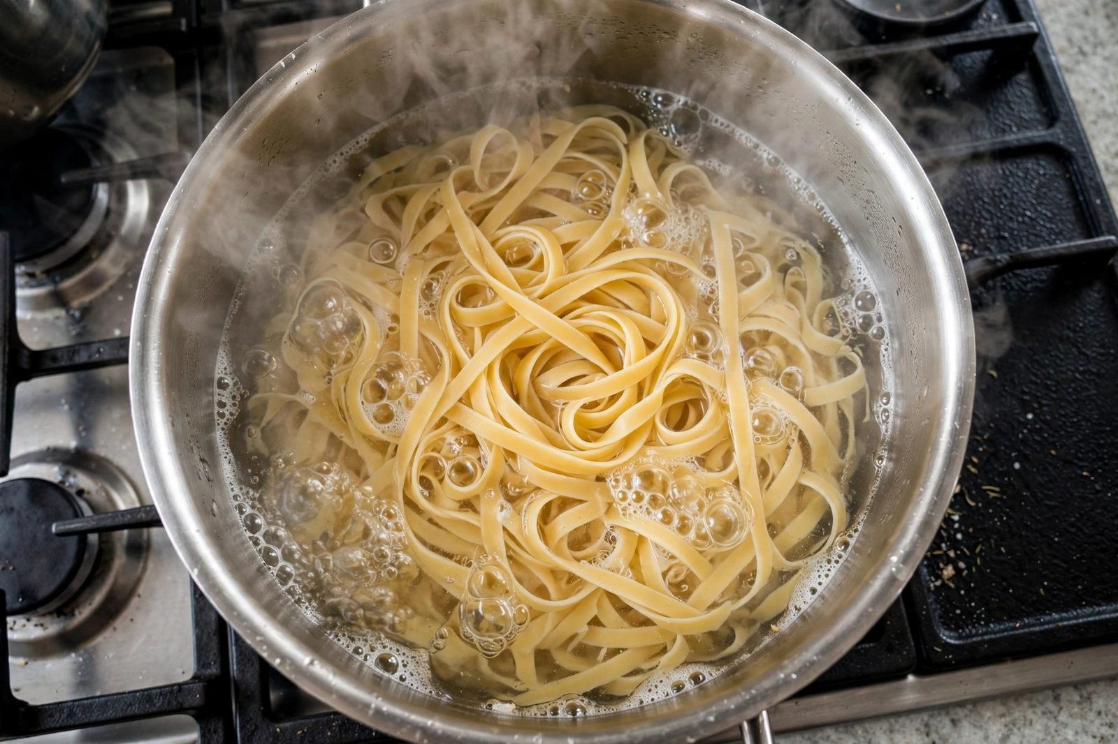 Fettuccine boiling in a large pot of water with steam rising.