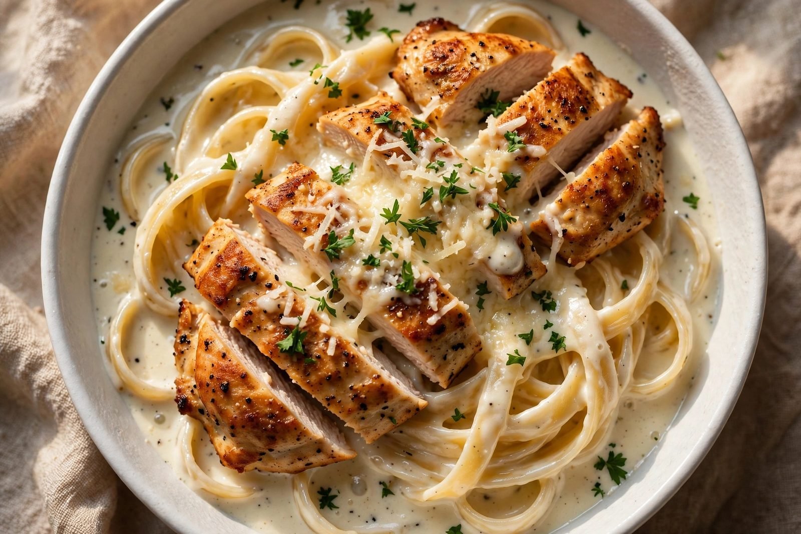 Close-up of creamy fettuccine twirled with sliced chicken and Parmesan.