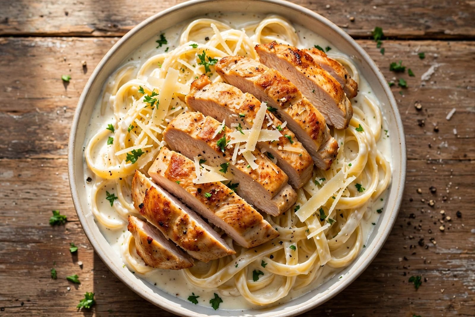 Overhead of a finished bowl of fettuccine in creamy white sauce with sliced seared chicken, Parmesan shavings, and chopped parsley.