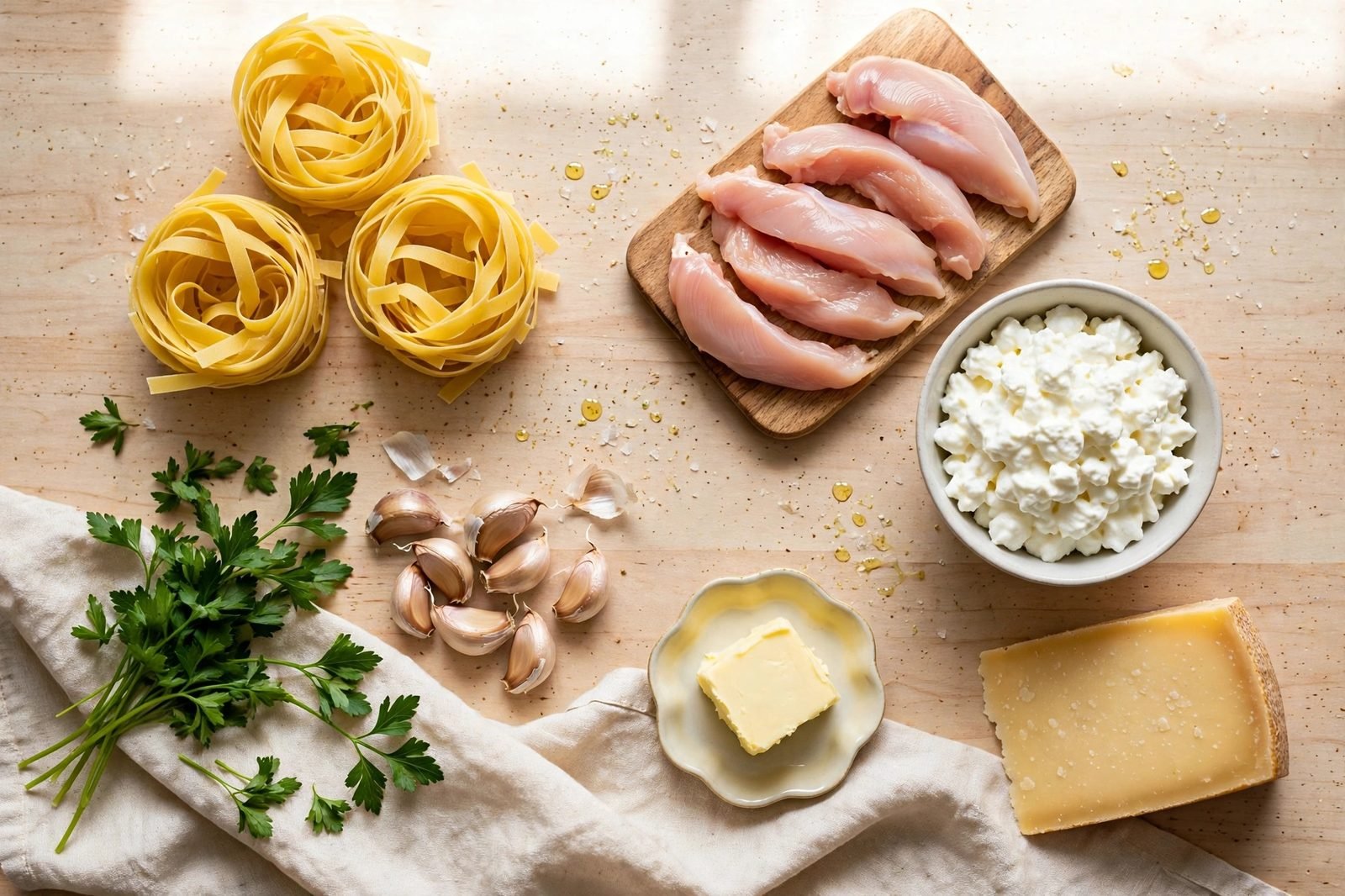 Ingredients for cottage cheese alfredo: dry fettuccine, raw chicken strips on a board, cup of cottage cheese, Parmesan wedge, garlic cloves, butter, and parsley.