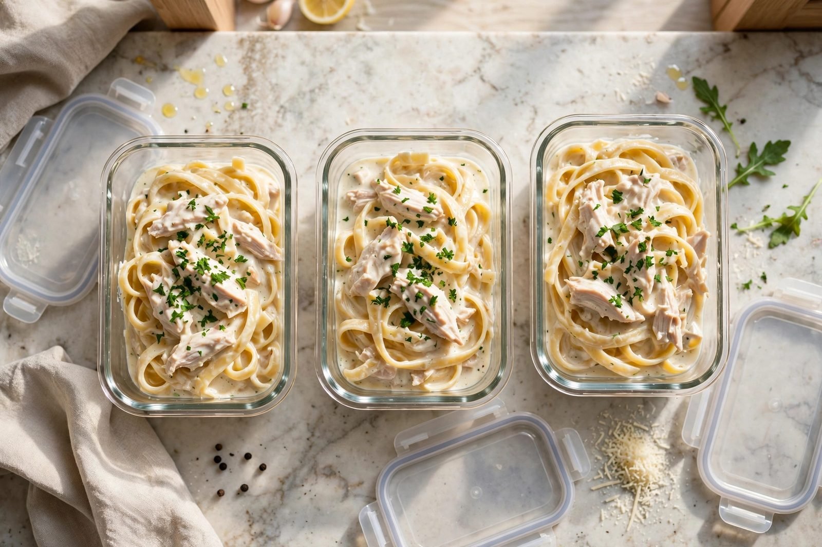 Meal-prep containers filled with chicken alfredo pasta.