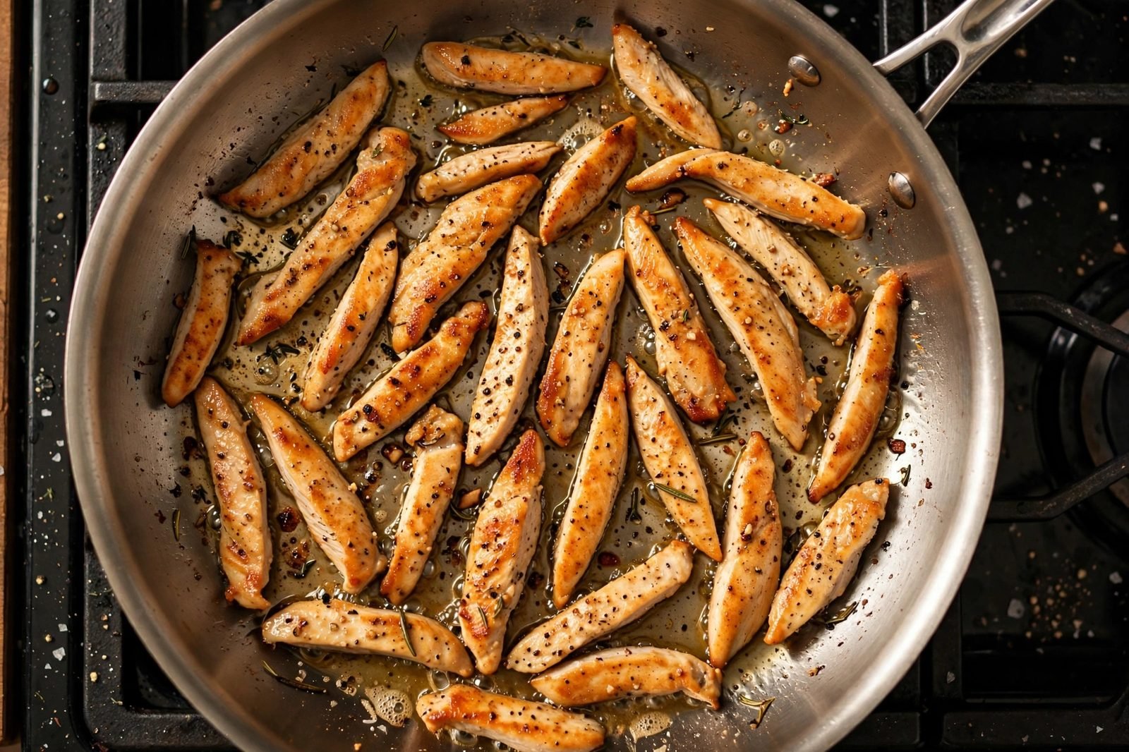 Golden chicken strips searing in a large skillet.