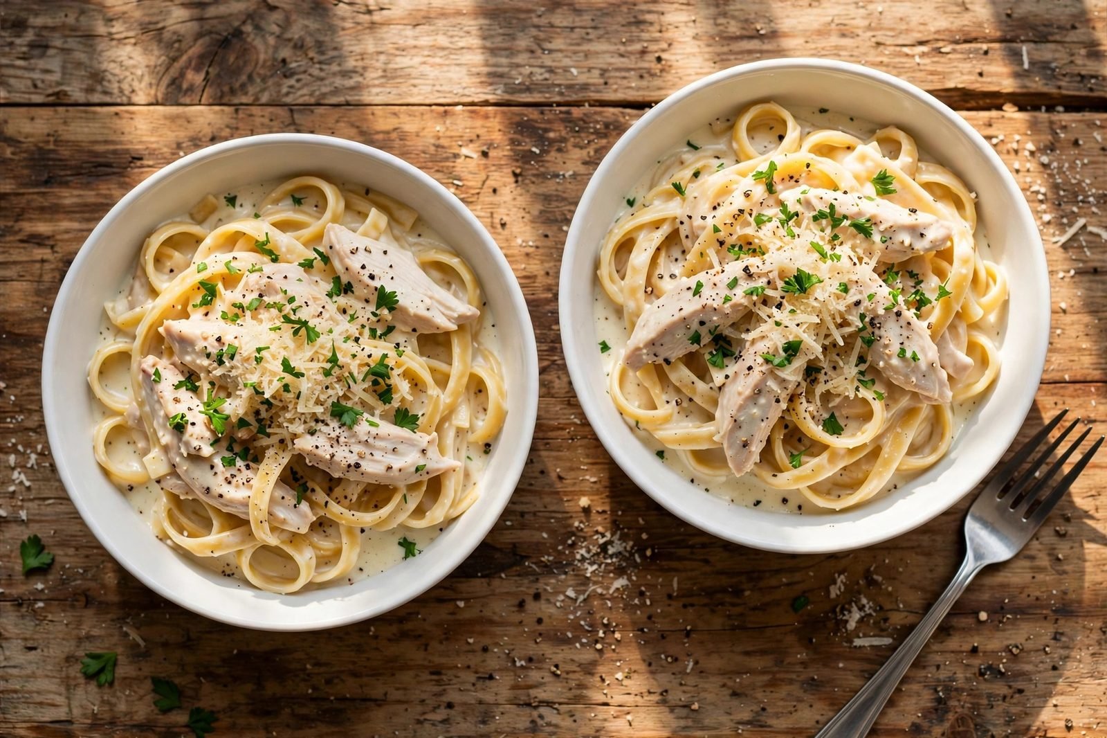 Two served bowls of chicken alfredo pasta topped with parsley and Parmesan.