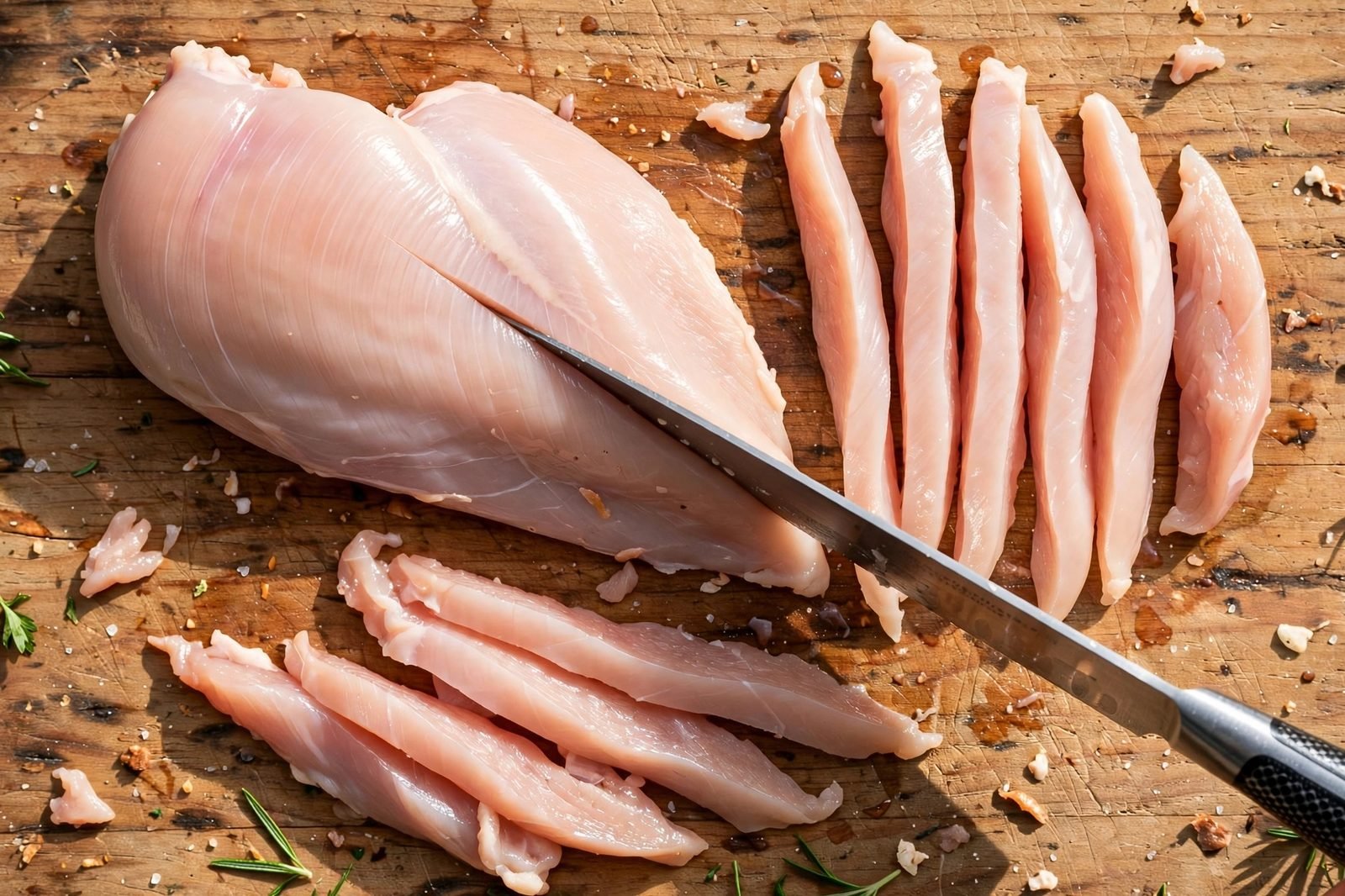 Raw chicken breast being sliced into thin strips on a cutting board.
