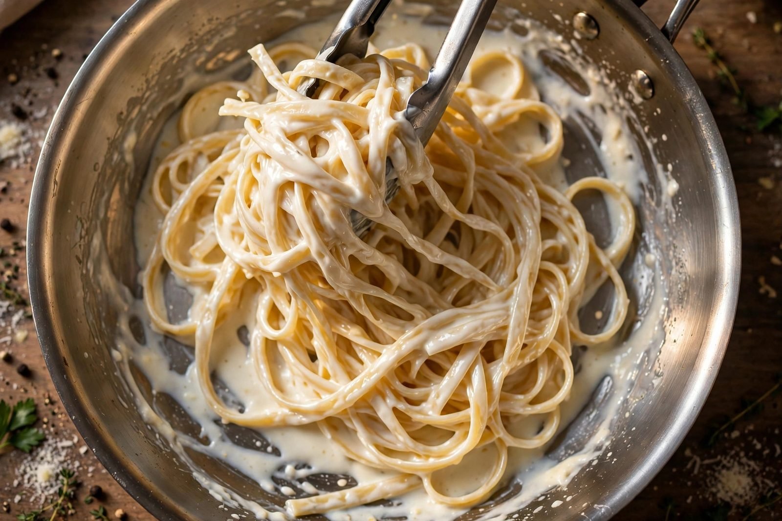 Fettuccine being tossed with creamy white sauce in a skillet with tongs.