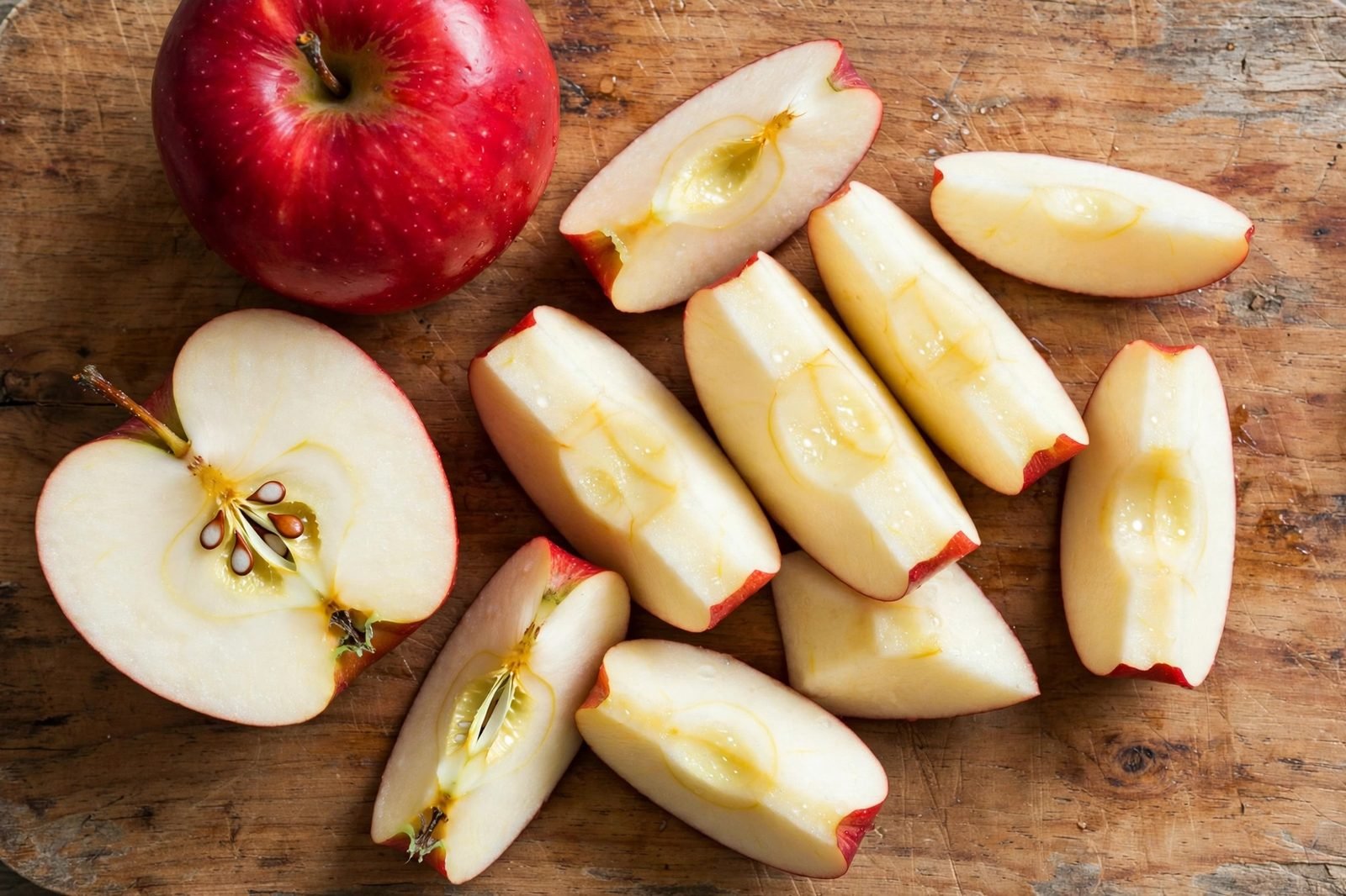 Firm apples being sliced into wedges on a cutting board.