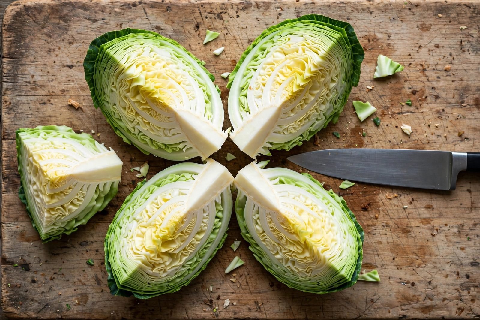 Green cabbage being cut into wedges through the core on a cutting board.