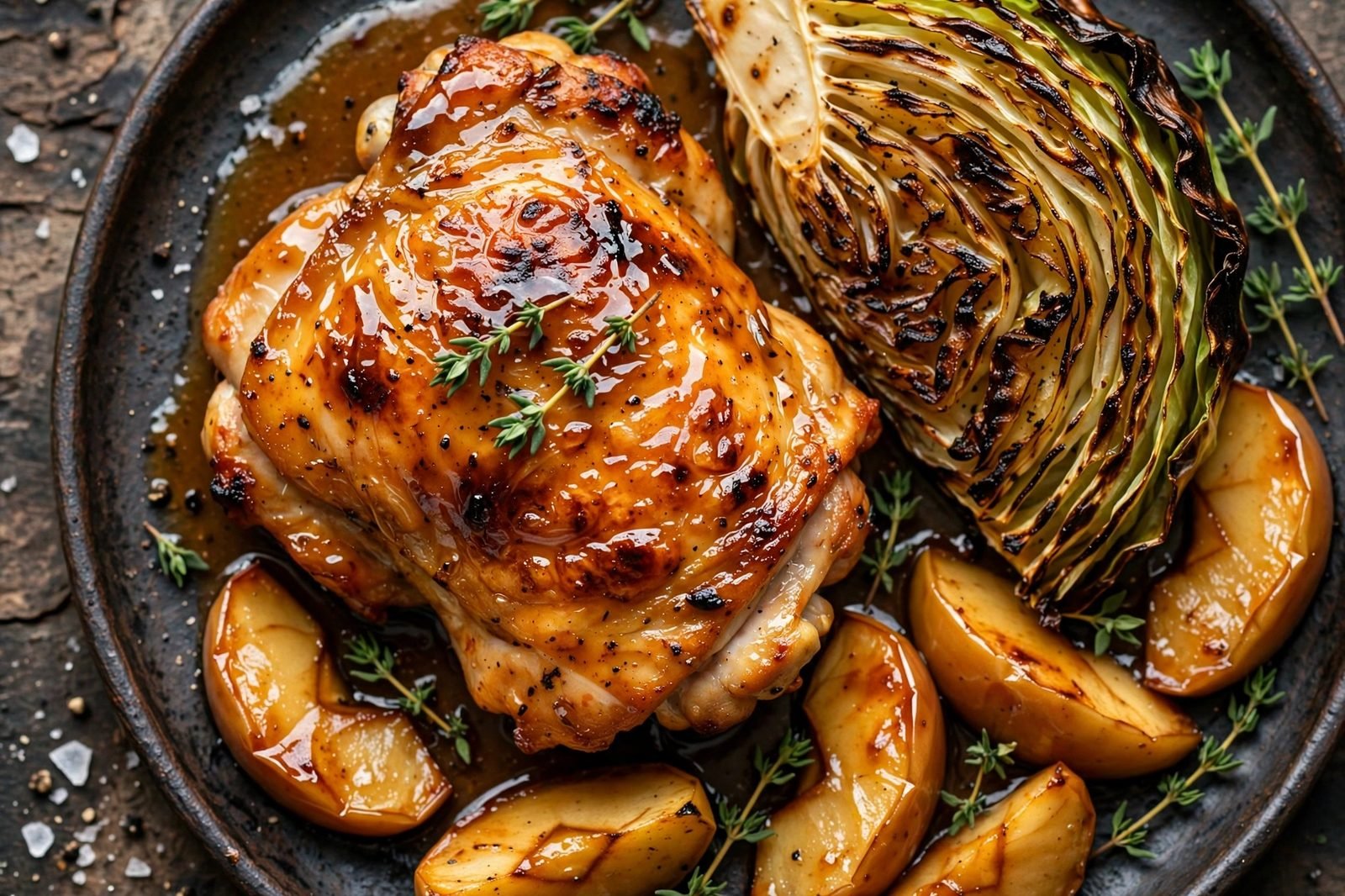 Close-up of a caramelized roasted chicken thigh next to charred cabbage and glazed apple wedges.
