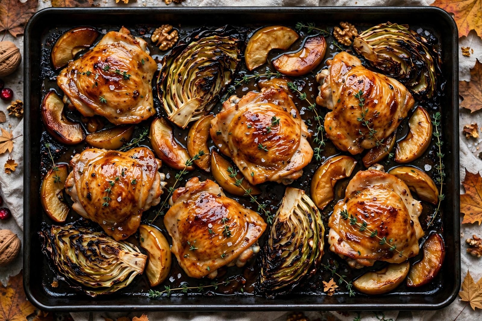 Overhead of a finished sheet pan: golden roasted chicken thighs with caramelized apple wedges and charred cabbage, garnished with thyme.