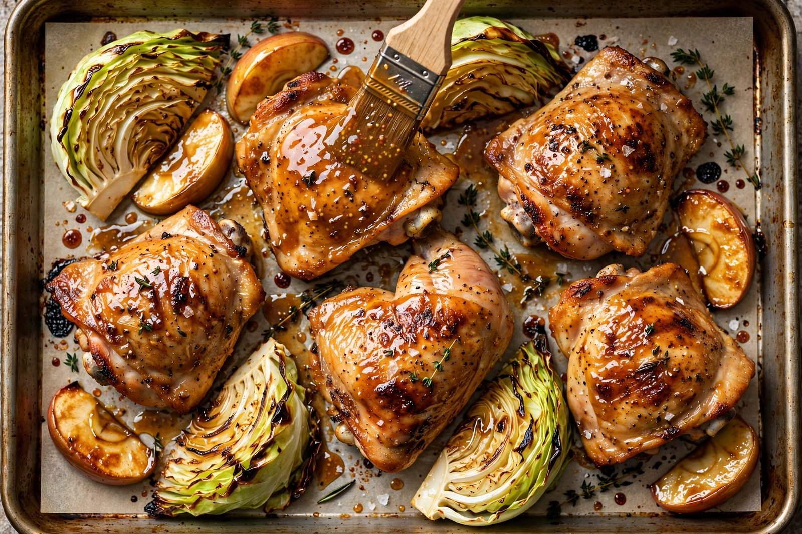 Tongs flipping a roasted chicken thigh while maple-dijon glaze is brushed over the pan.