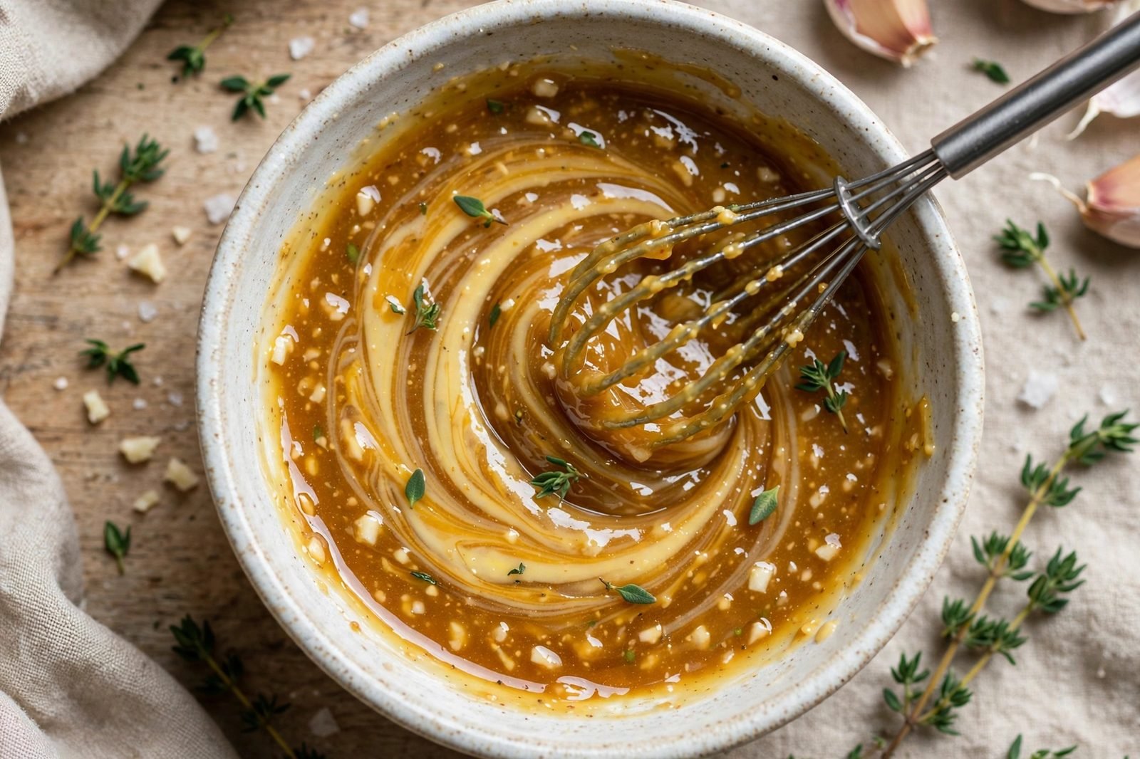 Maple-dijon glaze being whisked in a small bowl: maple syrup, Dijon mustard, apple cider vinegar, and garlic.