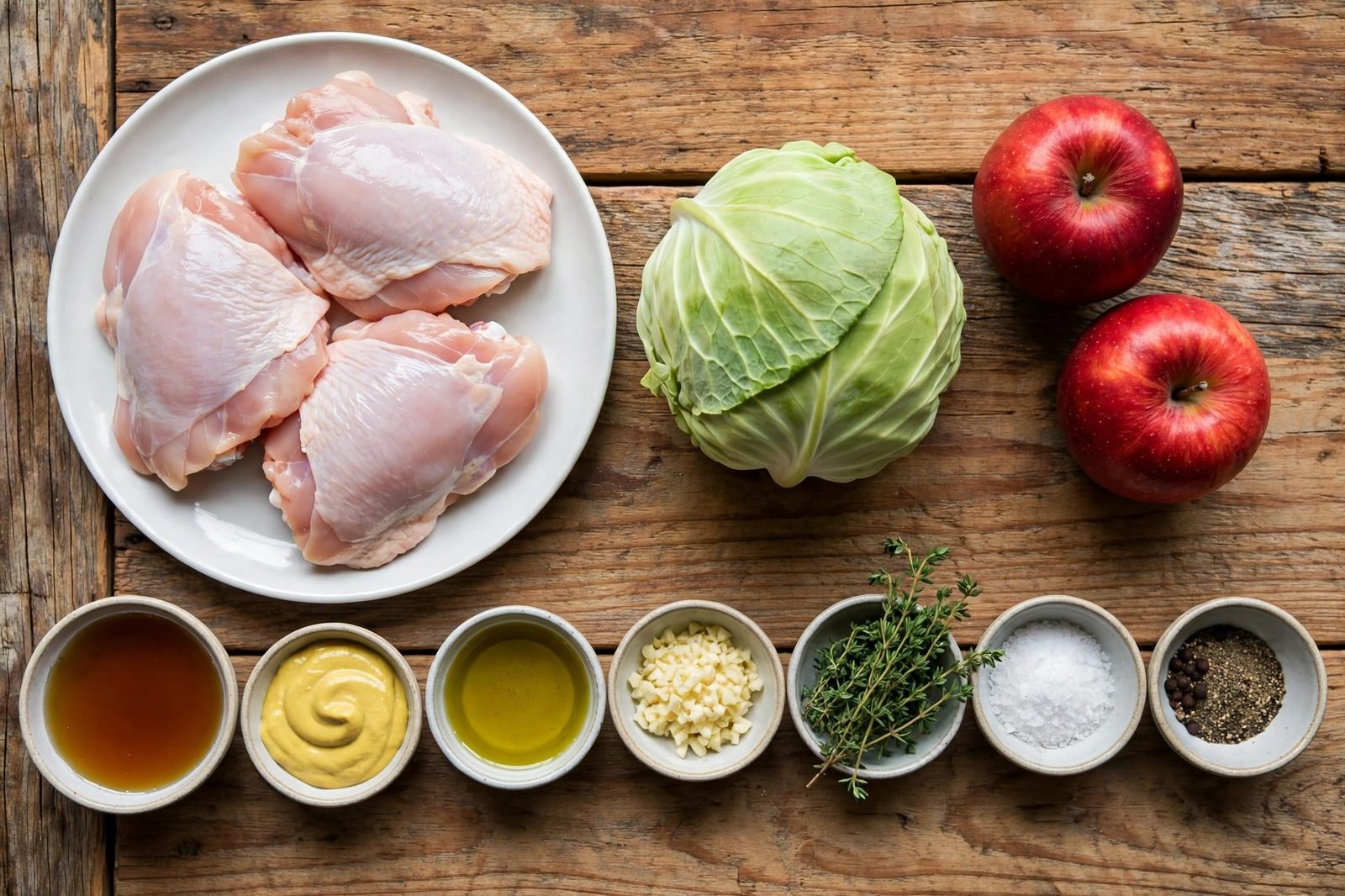 Ingredients for roasted chicken thighs with apples and cabbage: boneless chicken thighs, green cabbage, firm apples, maple syrup, Dijon mustard, garlic, thyme, and olive oil on a counter.