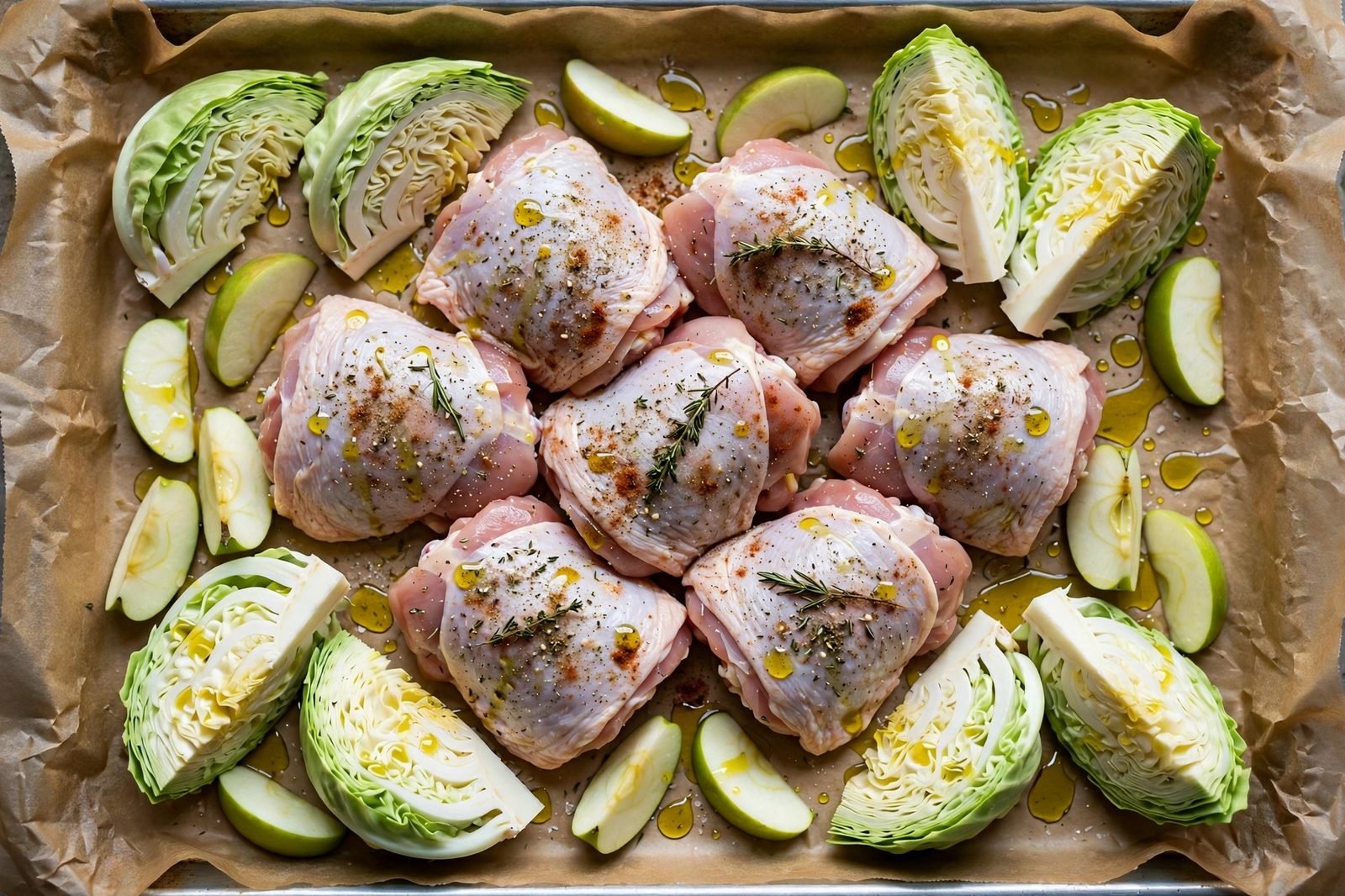 Raw chicken thighs arranged in the center of a sheet pan with cabbage and apple wedges around them.