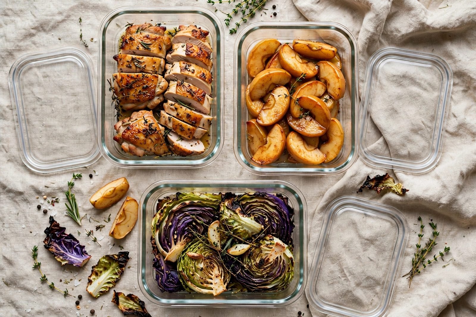Meal-prep containers filled with roasted chicken thighs, apples, and cabbage.