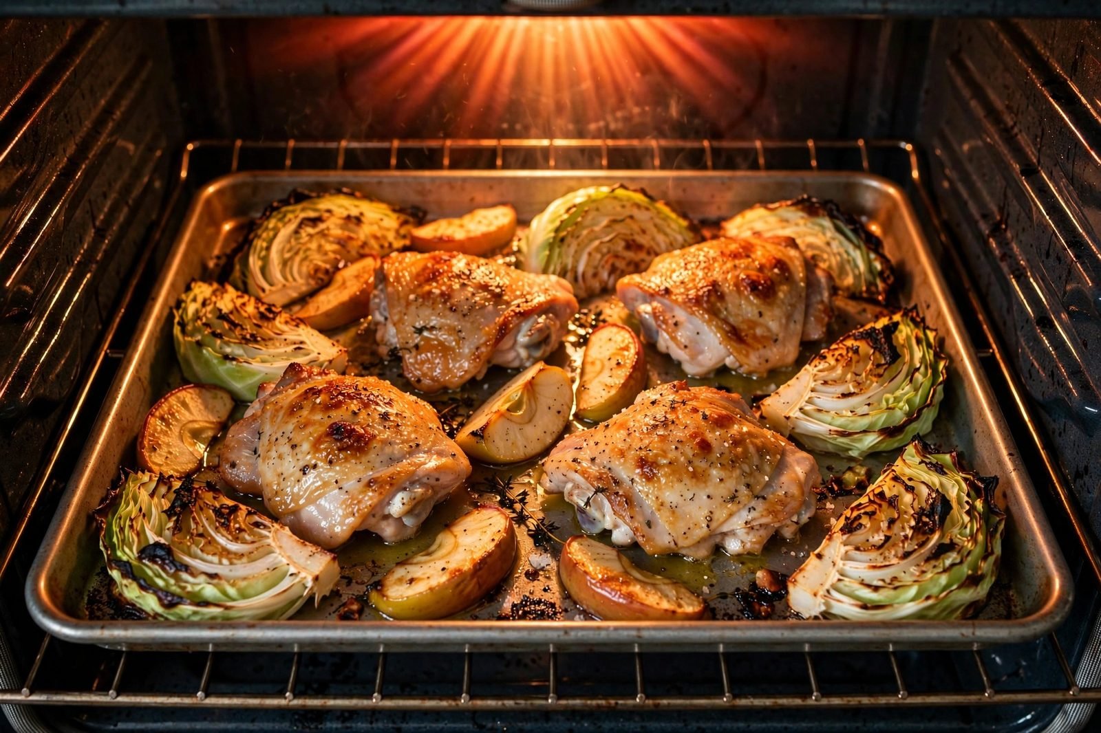 Sheet pan of chicken thighs, cabbage, and apples roasting inside the oven.