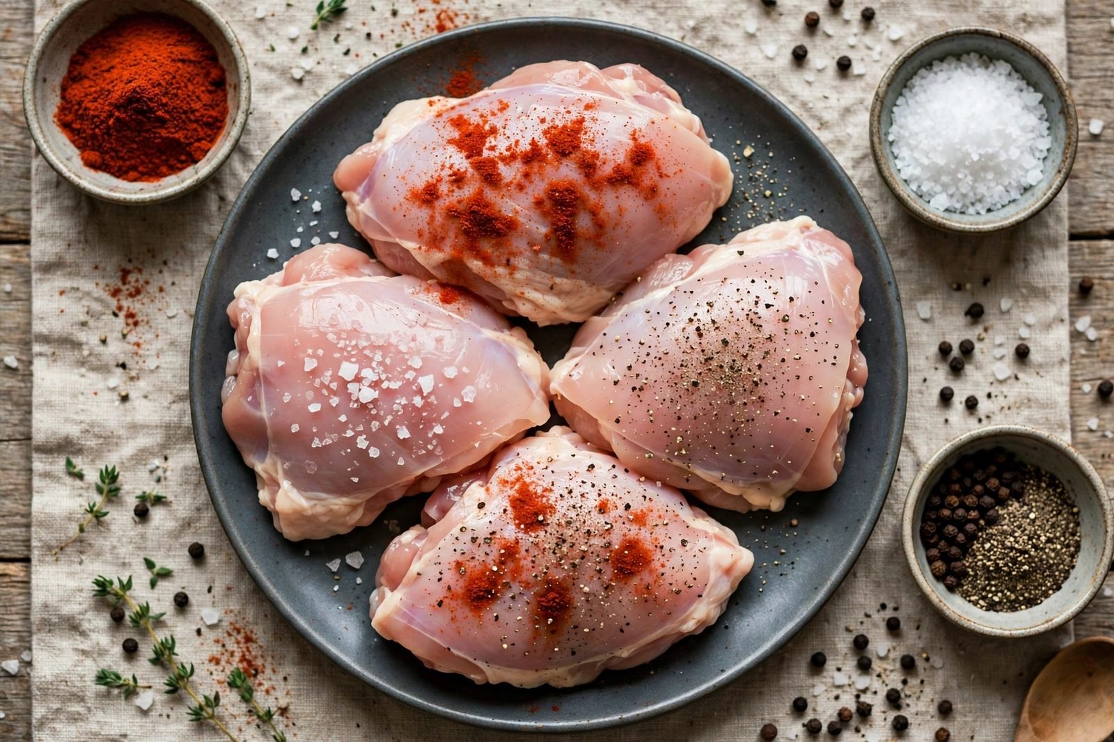 Boneless skinless chicken thighs being seasoned with salt, pepper, and smoked paprika.