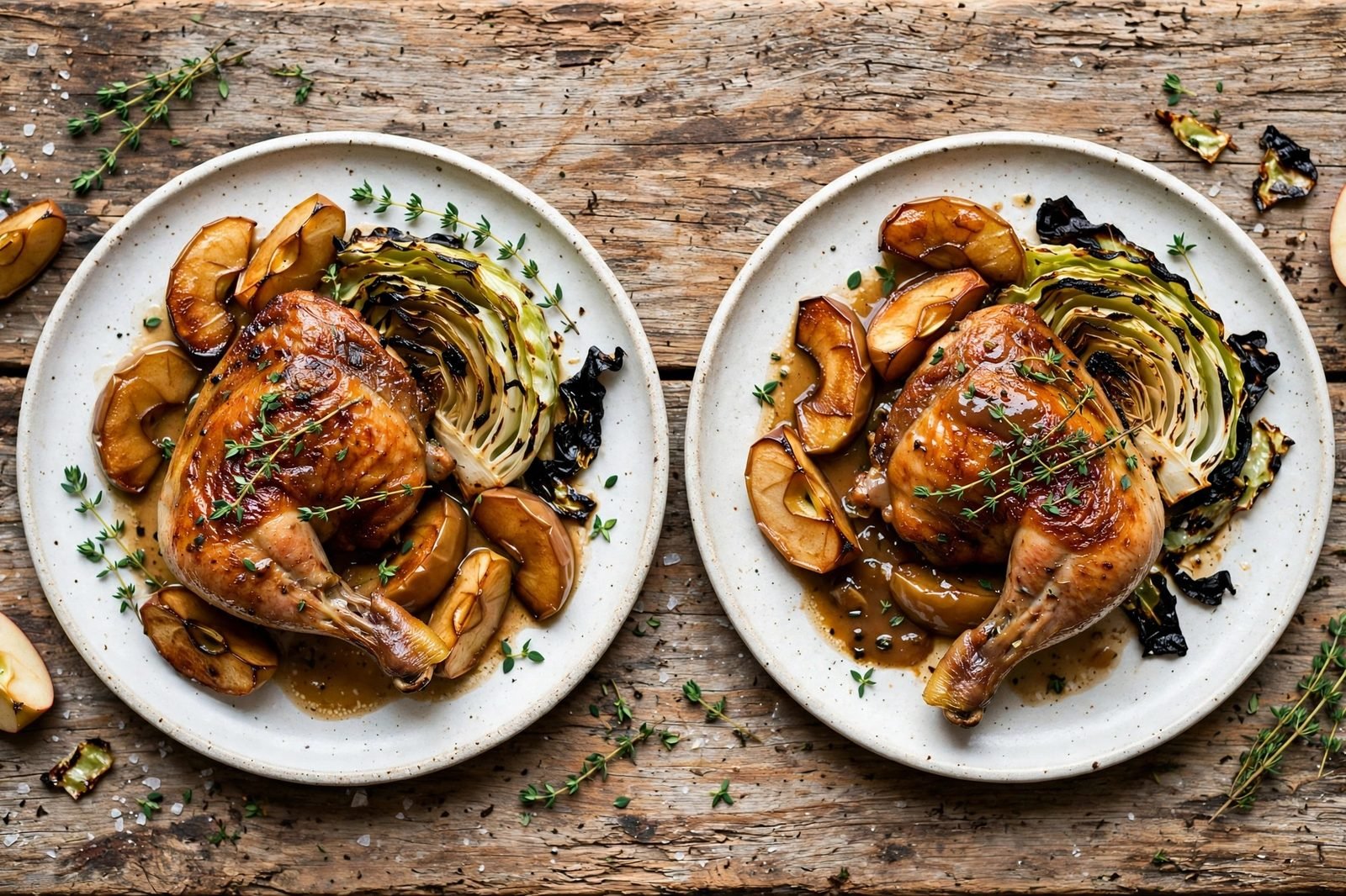 Served plates of roasted chicken thighs with caramelized apples and charred cabbage, pan juices spooned over.