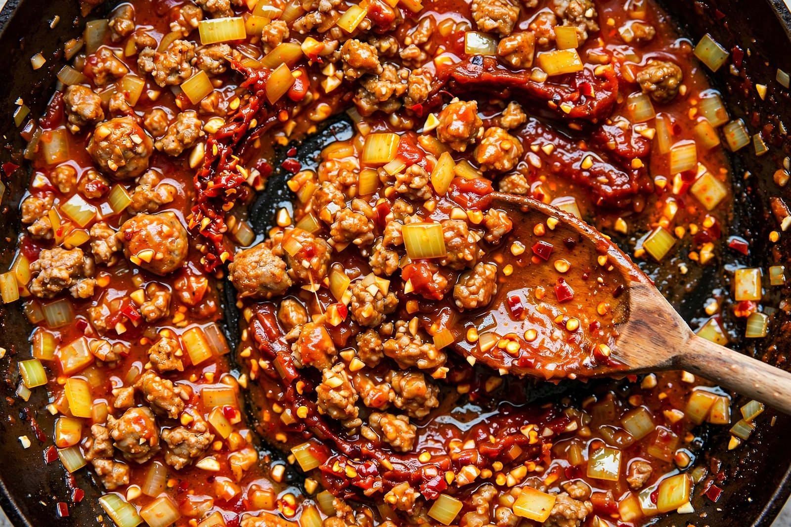Diced onion, minced garlic, tomato paste, and Calabrian chili paste being stirred into browned turkey sausage in a skillet.