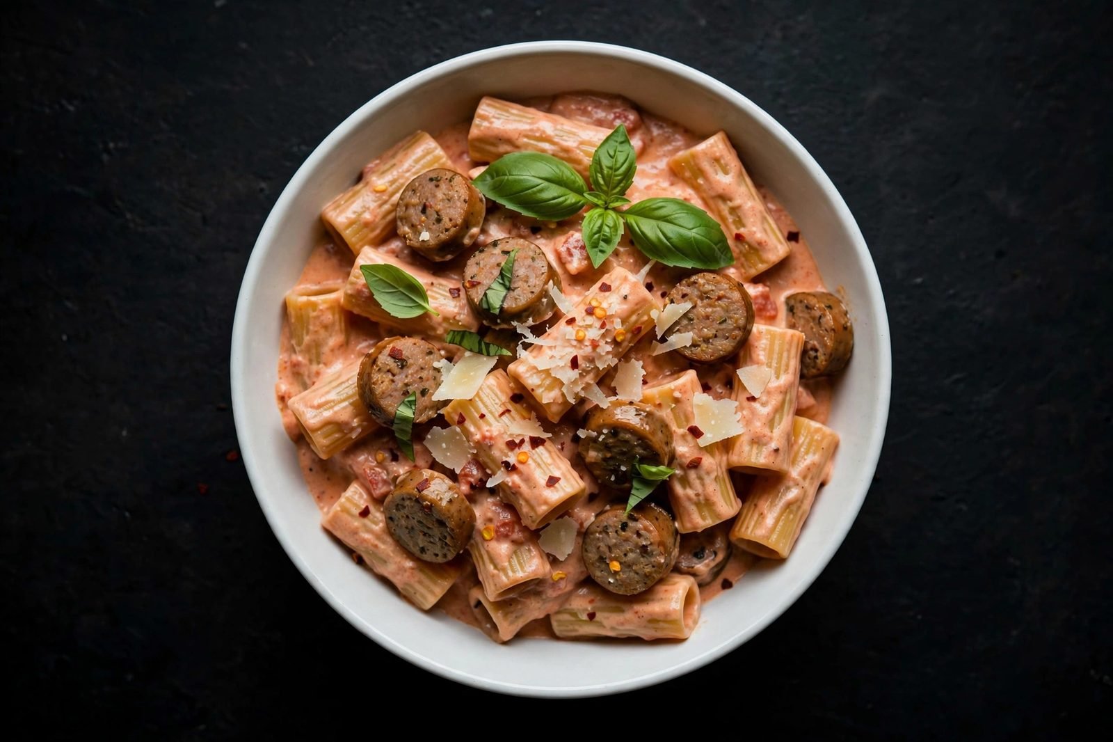 Single bowl of spicy rigatoni with Parmesan shavings, basil, and red pepper flakes visible.