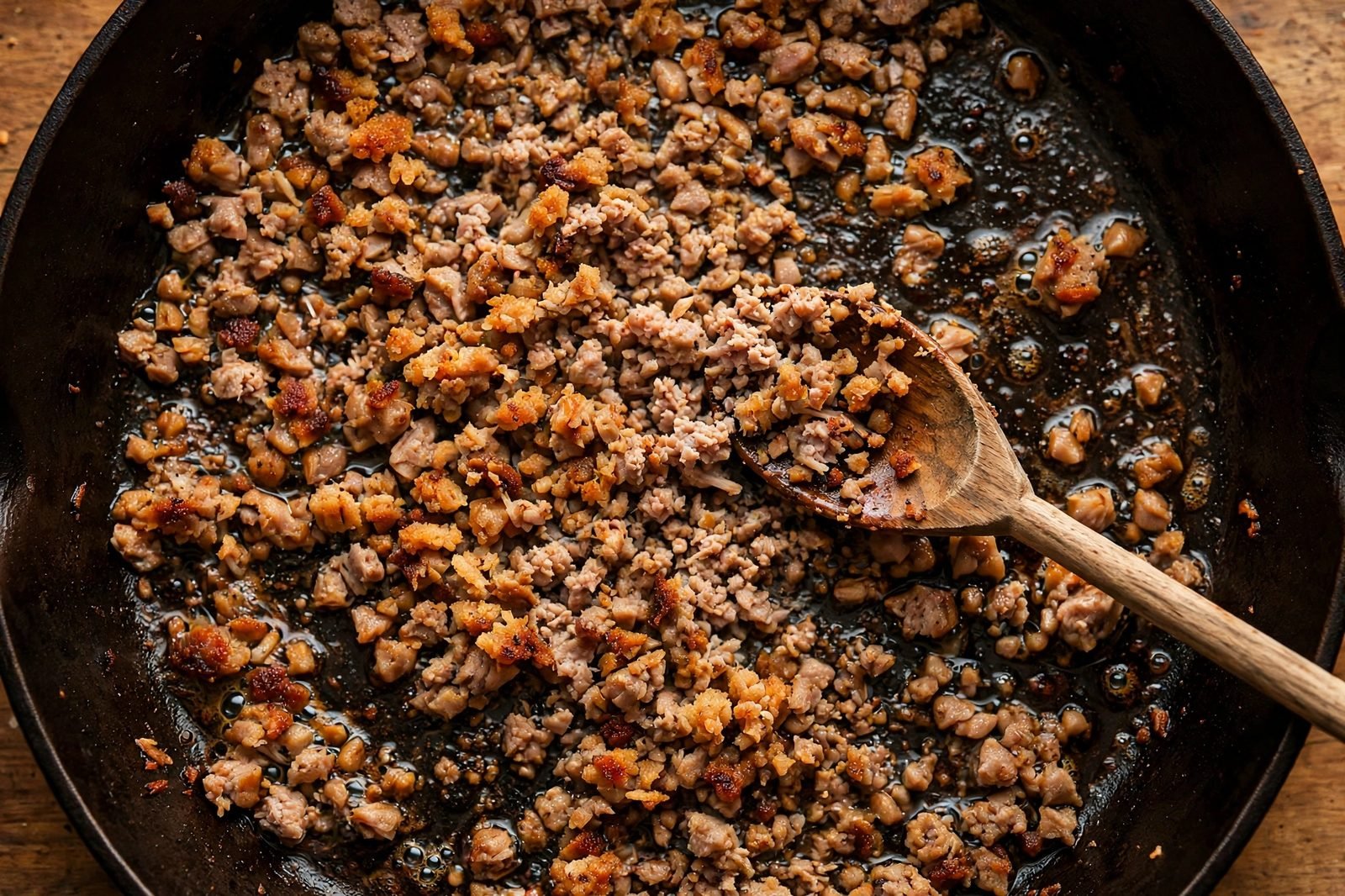 Turkey sausage crumbles browning in a deep skillet, being broken apart with a wooden spoon.