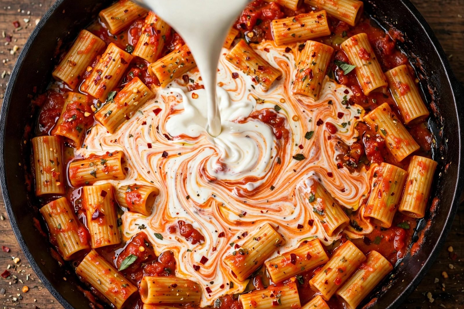 Heavy cream being swirled into the finished spicy rigatoni off the heat.
