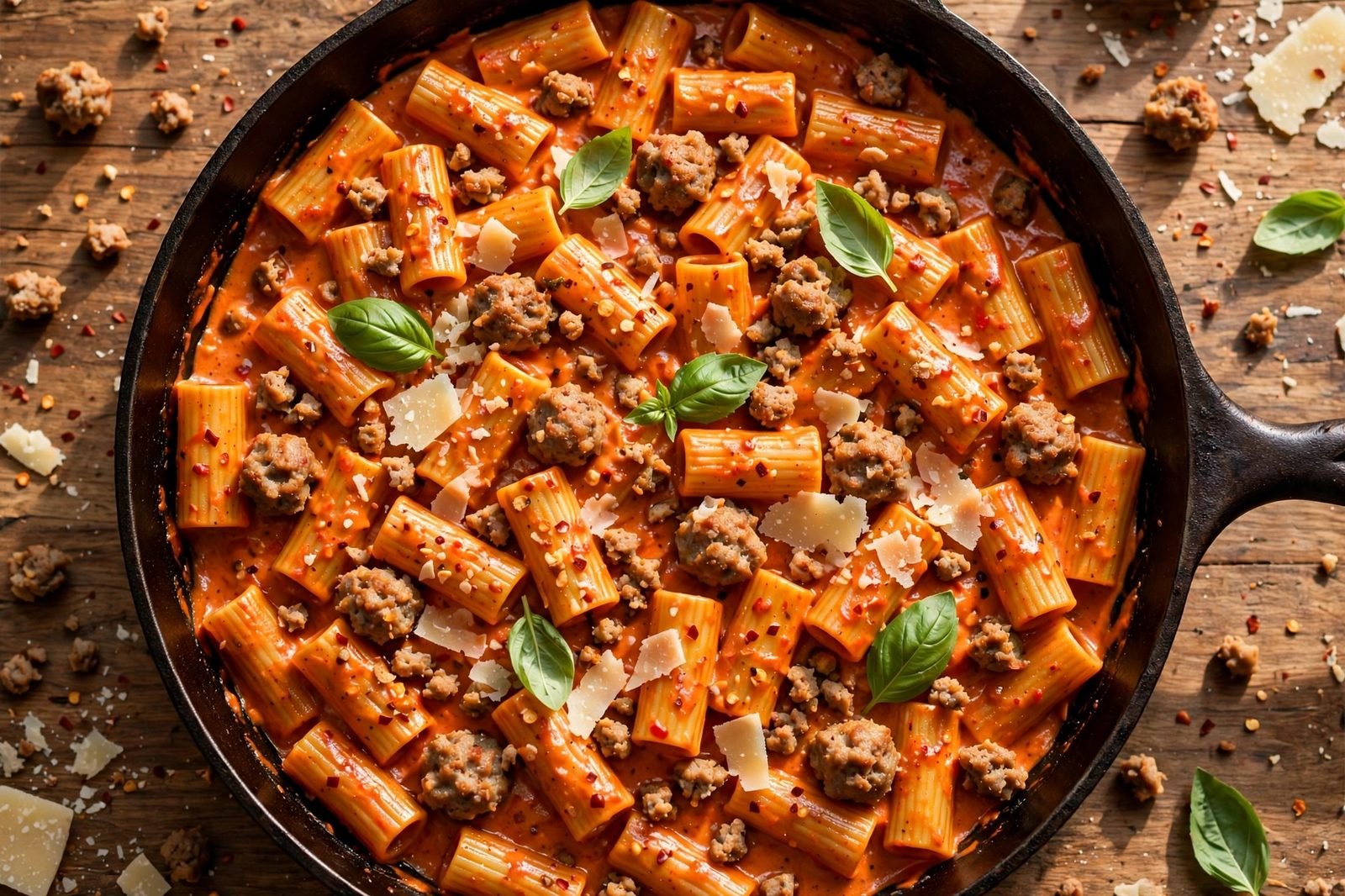 Overhead of a deep skillet of spicy rigatoni in red cream sauce with browned turkey sausage crumbles, basil leaves, and Parmesan shavings.