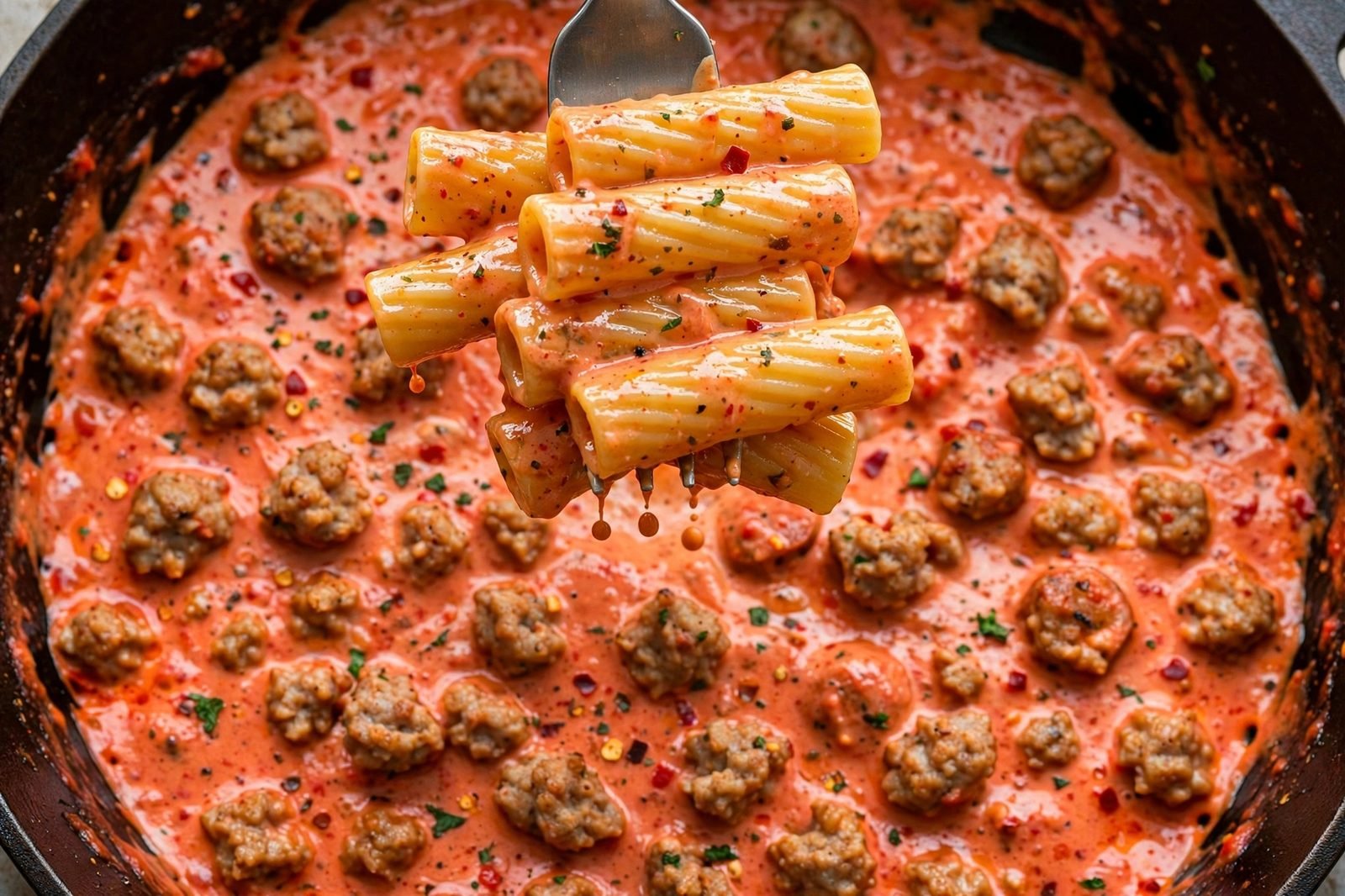 Close-up of rigatoni twirled on a fork lifted from the skillet, glossy spicy cream sauce coating the pasta.