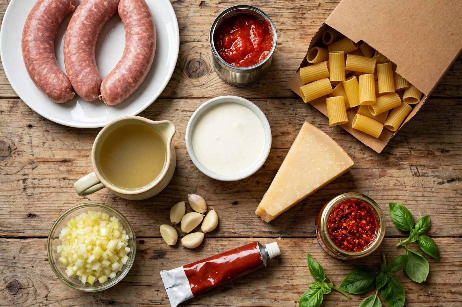Ingredients for spicy rigatoni on a counter: hot Italian turkey sausage links, rigatoni, crushed tomatoes, chicken broth, cream, Parmesan wedge, basil, onion, garlic, tomato paste, and Calabrian chili paste.