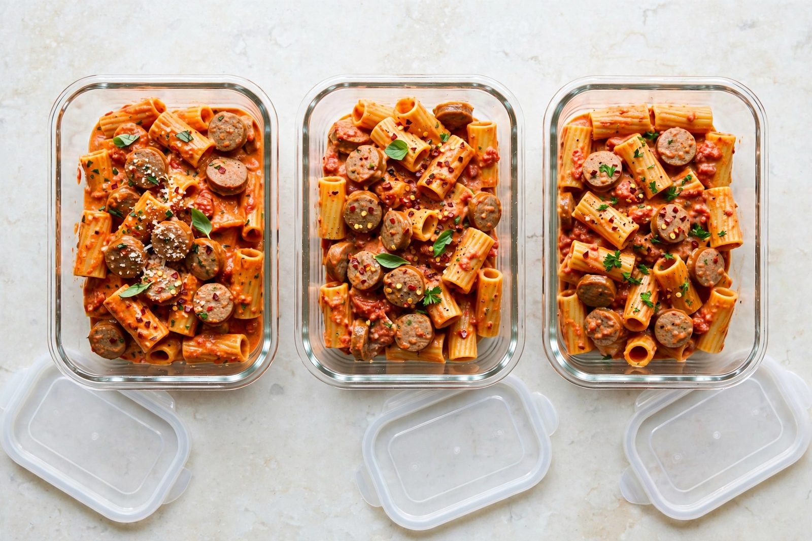 Glass meal-prep containers filled with spicy rigatoni and turkey sausage.