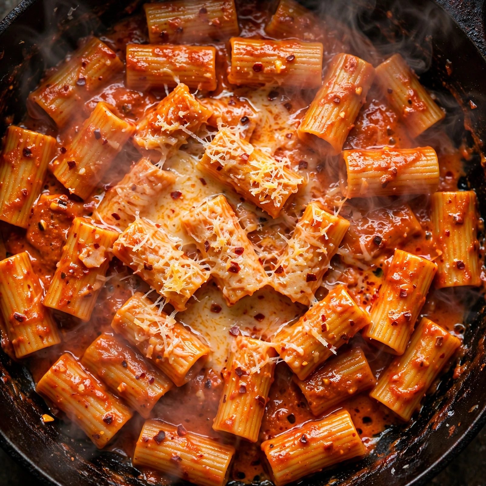 Grated Parmesan melting into the creamy spicy rigatoni sauce.