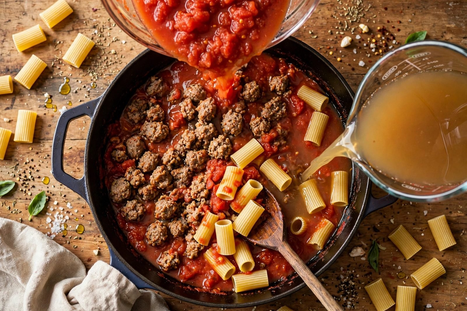 Crushed tomatoes and chicken broth poured over browned sausage with uncooked rigatoni being stirred in.