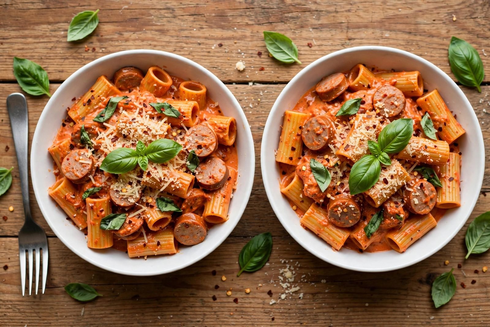 Two bowls of spicy rigatoni with turkey sausage topped with basil and extra Parmesan.