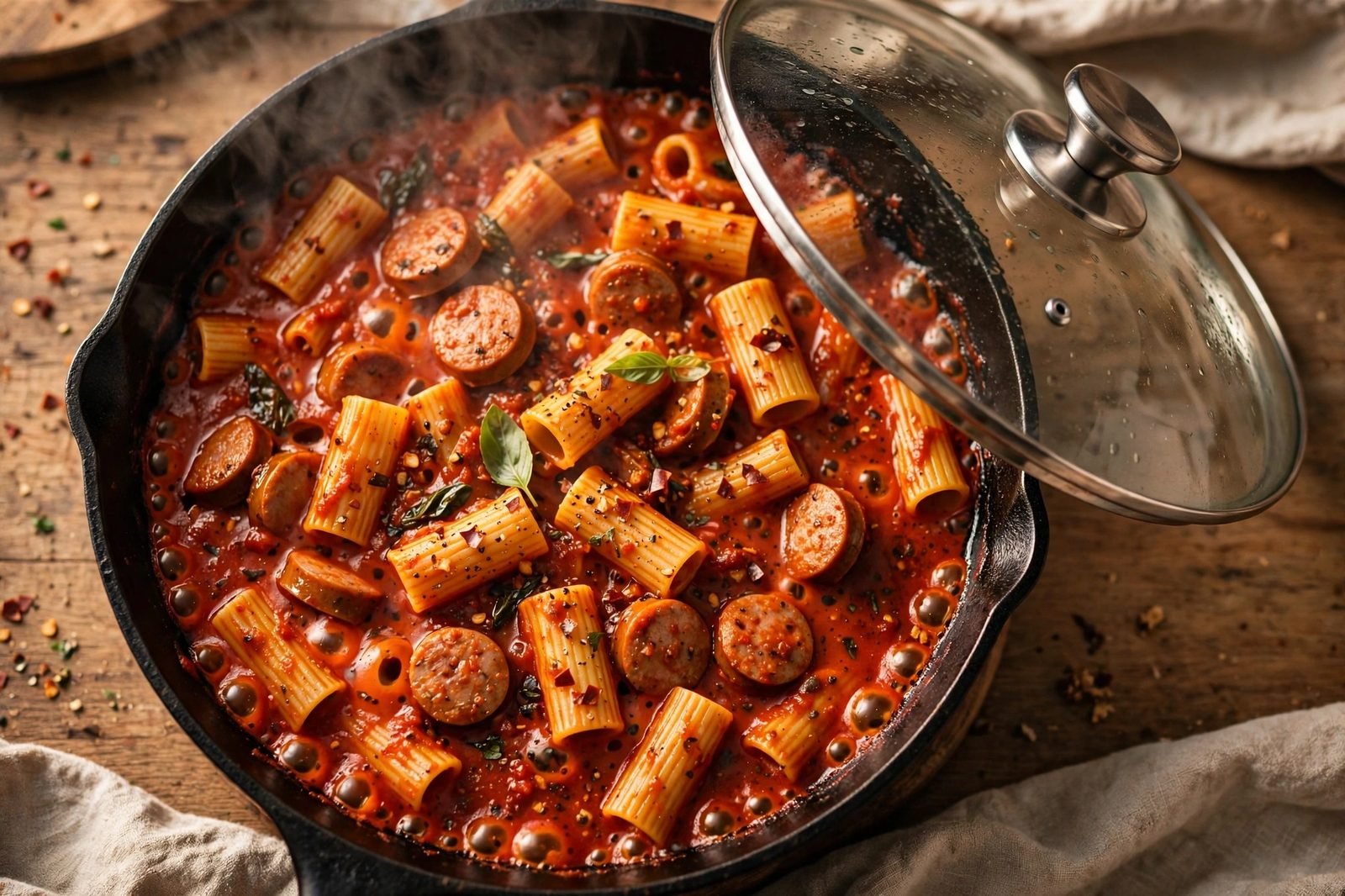 Rigatoni simmering in bubbling red sauce in a skillet with the lid set ajar.