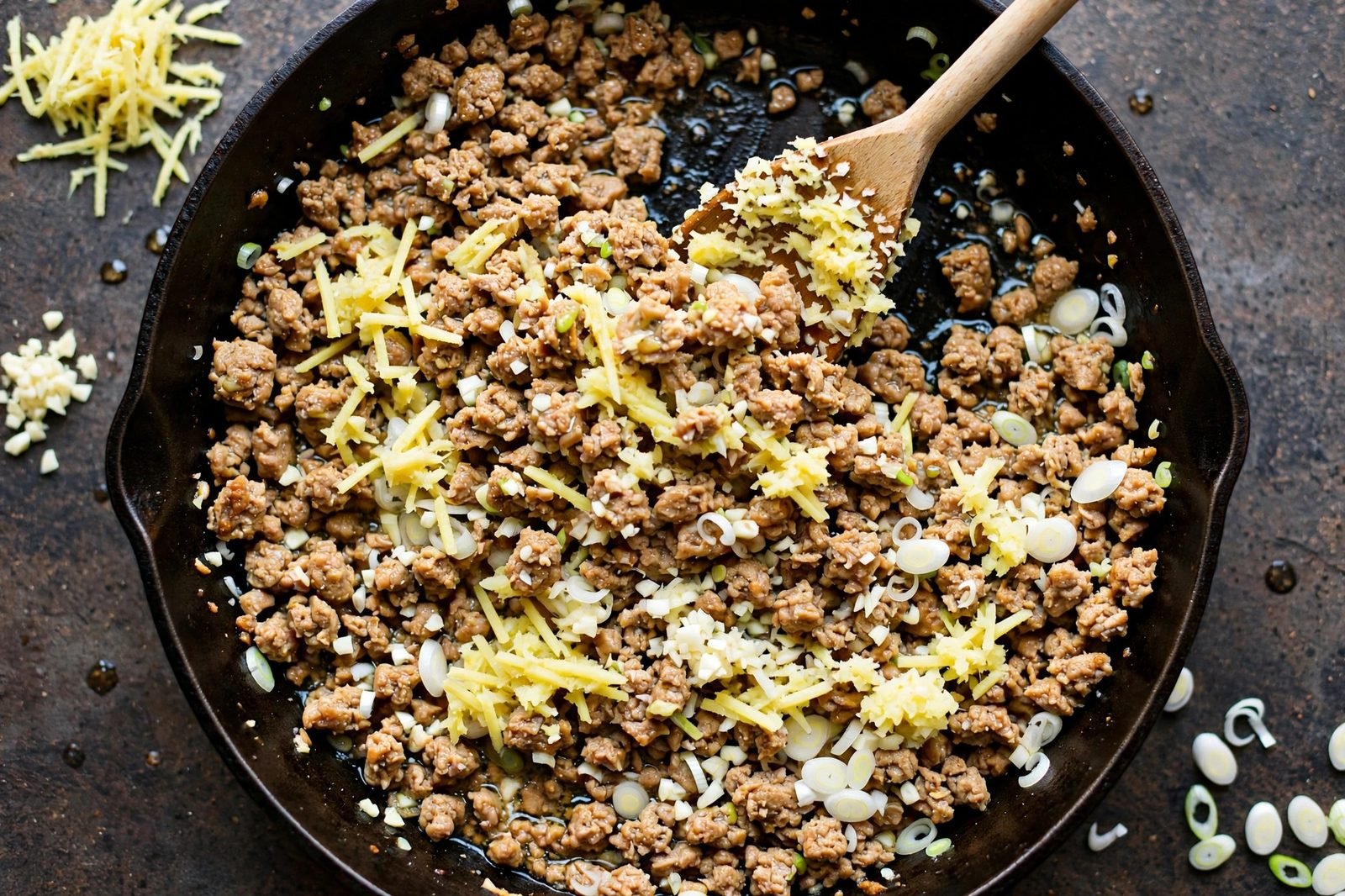 Grated ginger, garlic, and scallion whites being stirred into browned turkey in a skillet.
