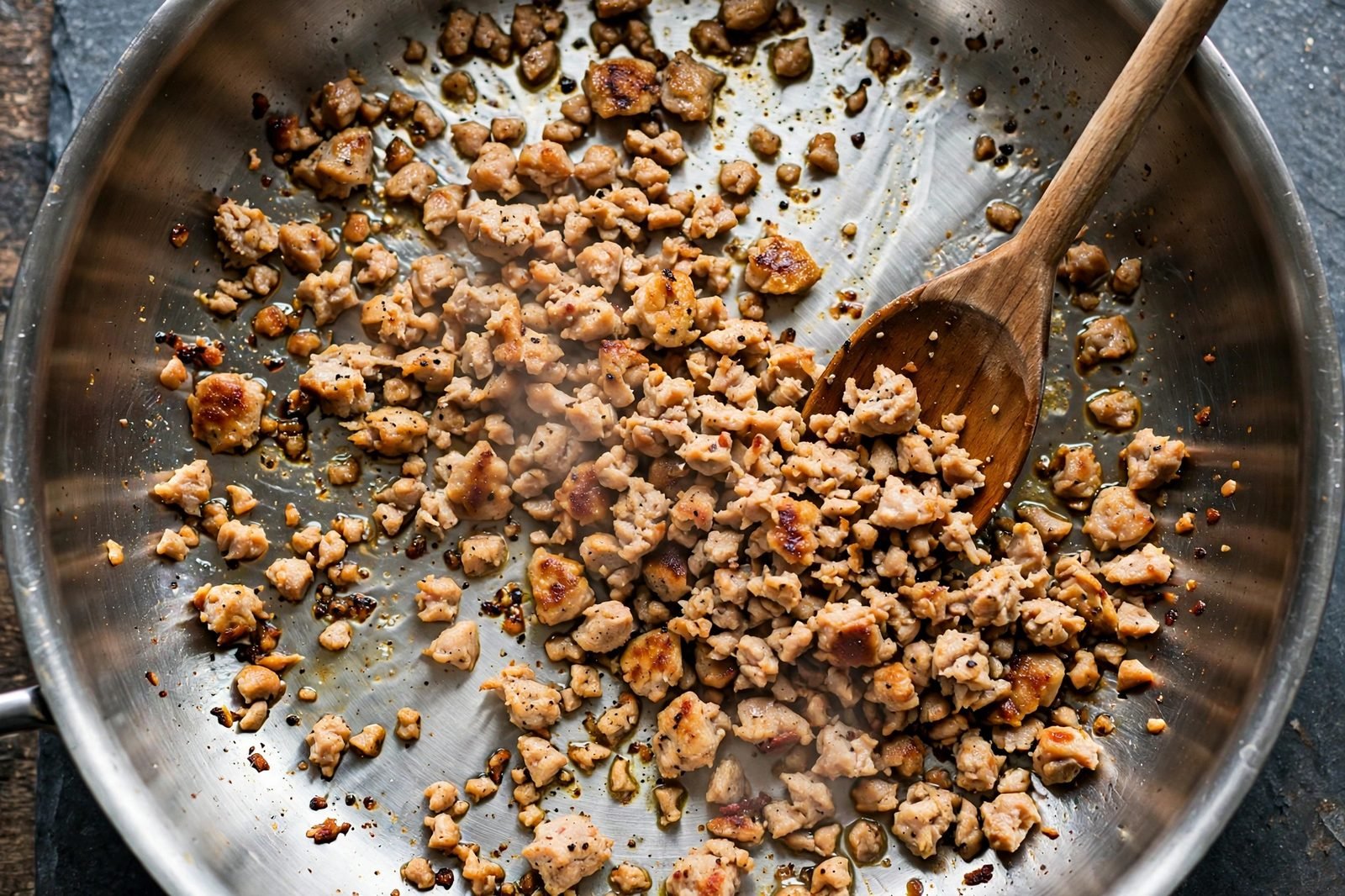 Ground turkey browning and crumbling in a hot skillet.