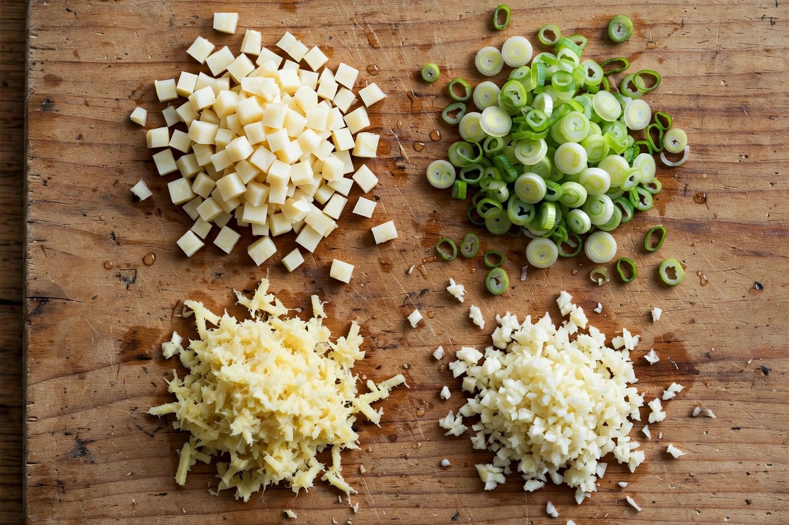 Diced water chestnuts, sliced scallions, grated ginger, and minced garlic on a cutting board.
