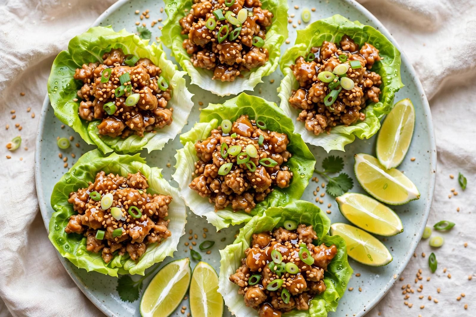 Overhead of finished sesame ginger turkey lettuce cups on a platter: crisp butter lettuce cups filled with glazed ground turkey, scallions, sesame seeds, with lime wedges on the side.