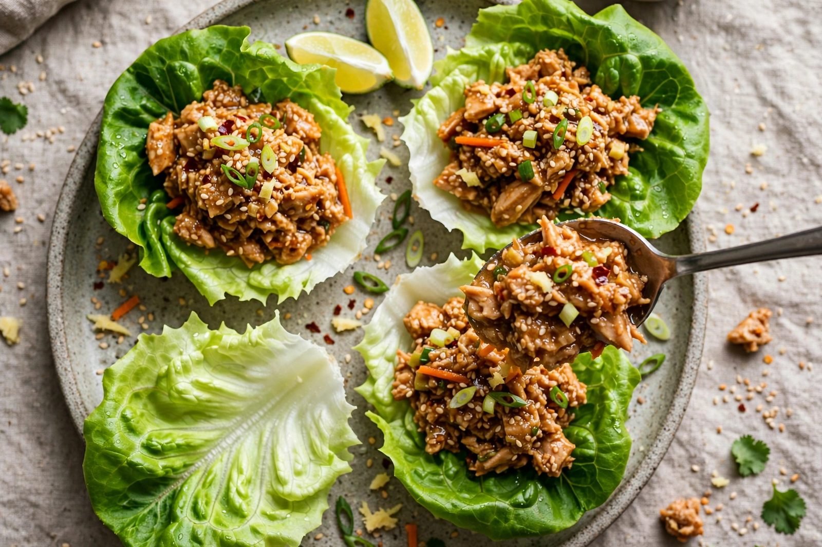 Turkey filling being spooned into butter lettuce cups arranged on a platter.