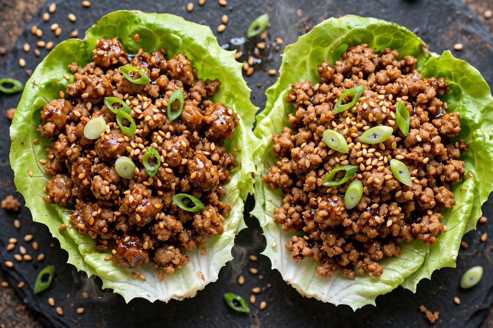 Close-up of two finished lettuce cups showing glazed turkey crumbles, scallions, and sesame seeds.