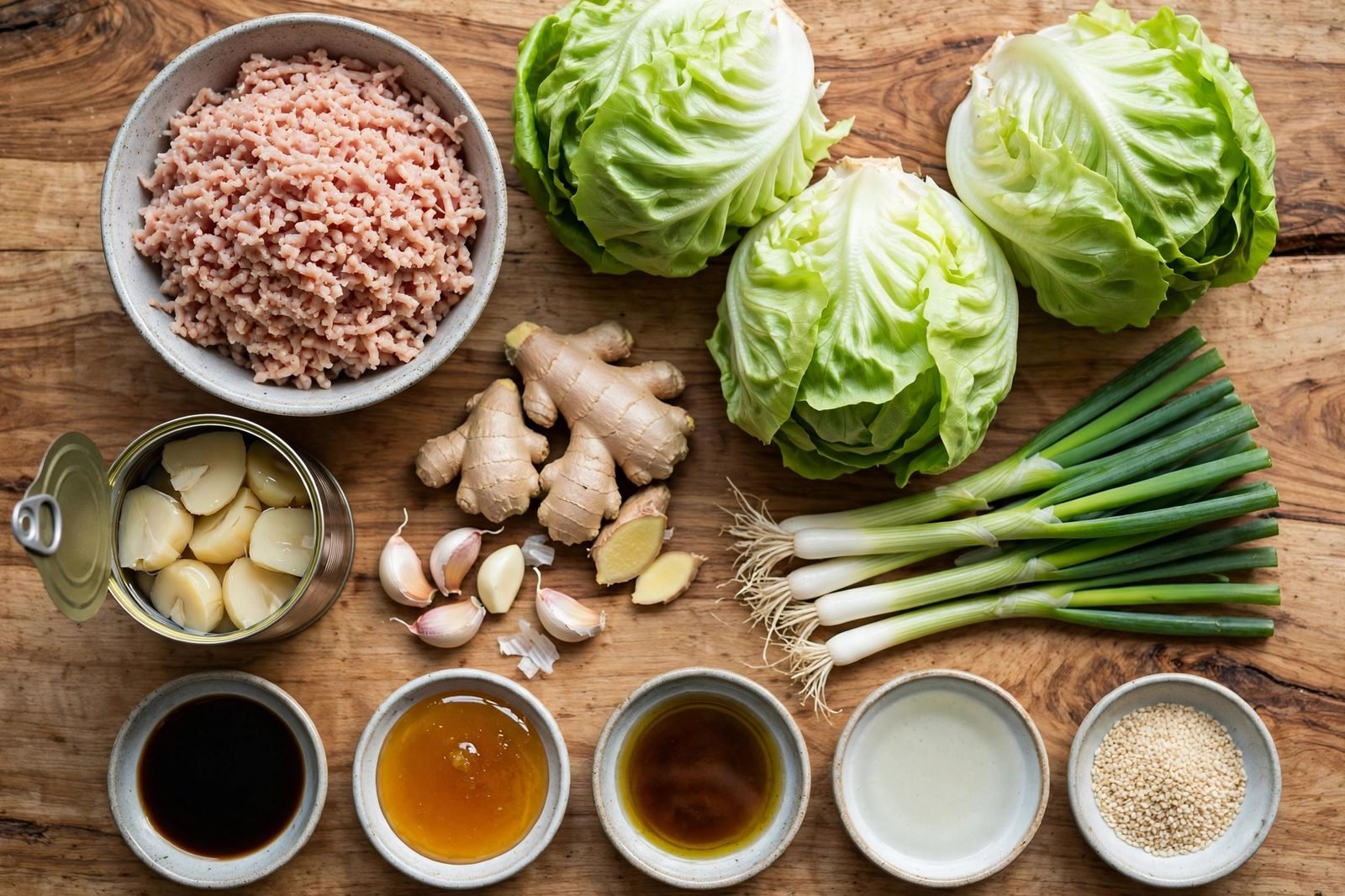 Ingredients for turkey lettuce cups on a counter: ground turkey, butter lettuce heads, water chestnuts, scallions, ginger, garlic, soy sauce, honey, and sesame oil.