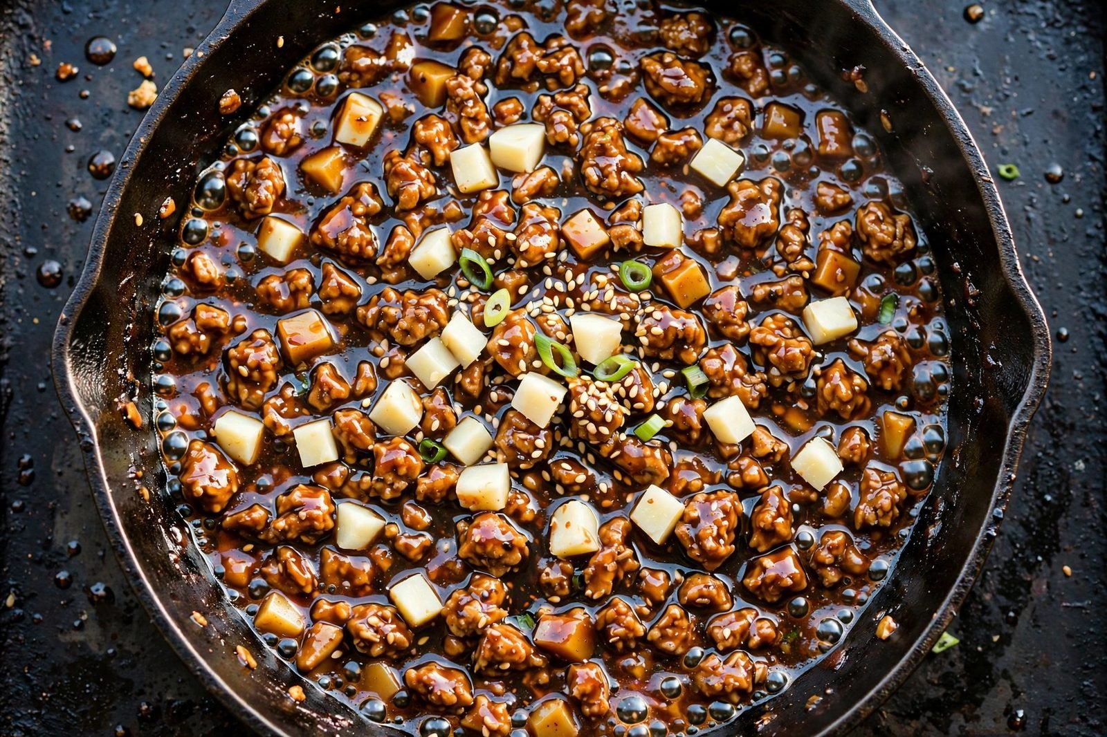 Glossy sesame-soy sauce simmering and coating ground turkey and diced water chestnuts in a skillet.