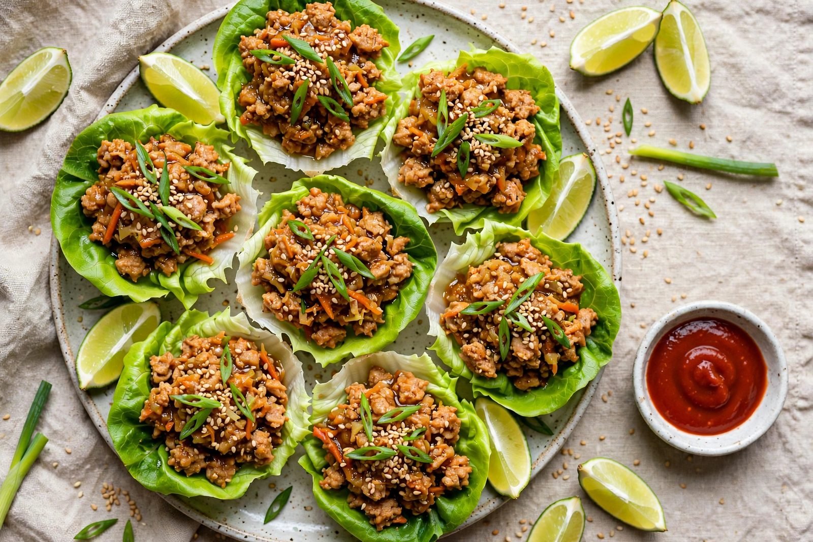 Finished platter of turkey lettuce cups with sesame seeds, scallion greens, lime wedges, and a small dish of sriracha.