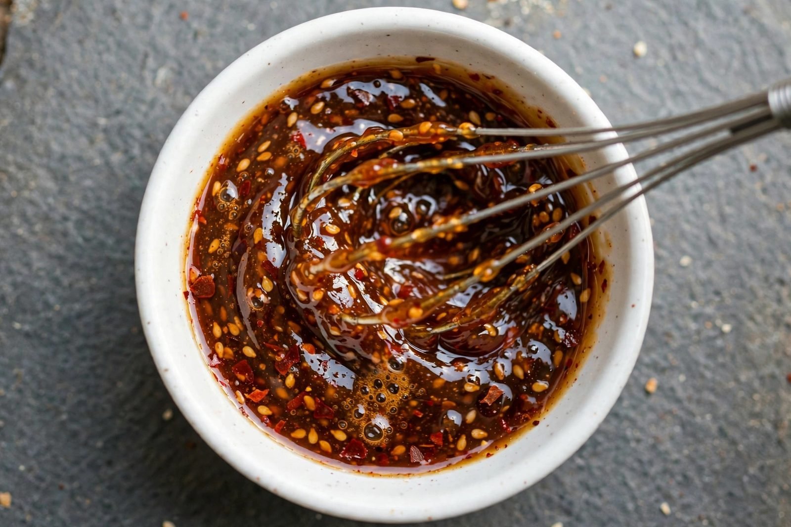 Sesame-soy-honey sauce being whisked in a small white bowl.